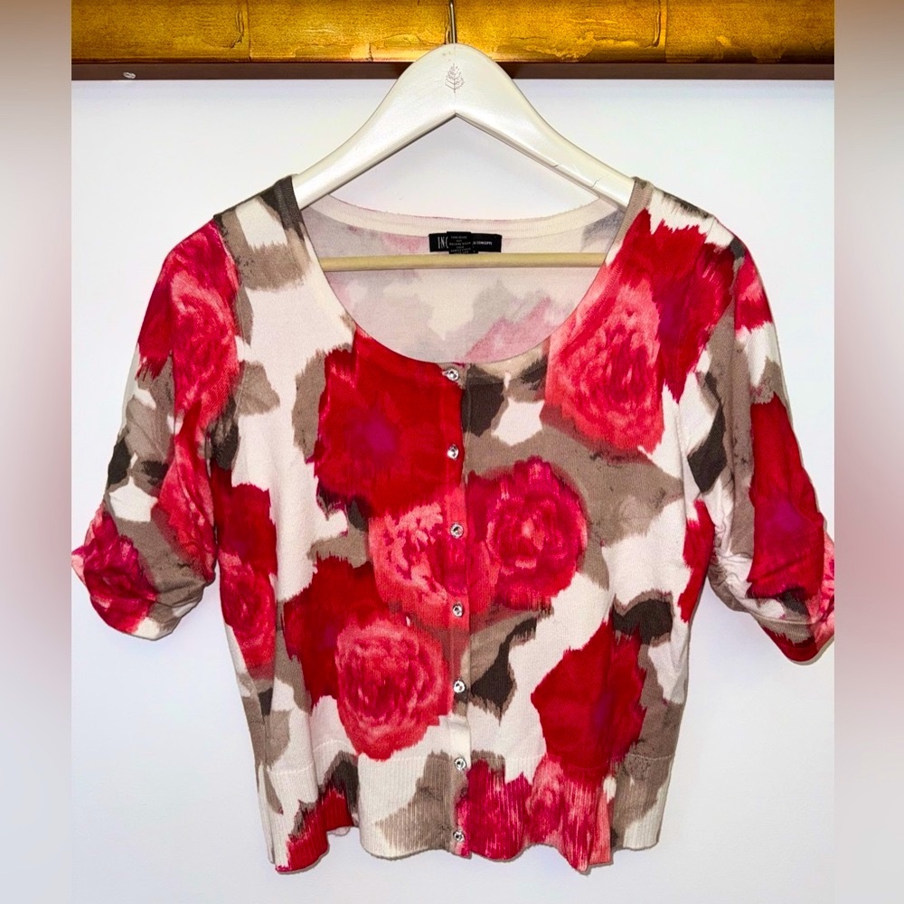 INC International Concepts Red and Pink 3/4 Sleeve Cardigan